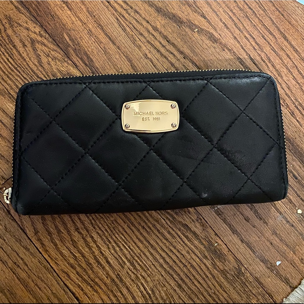 Michael Kors Black Quilted Large Zip Around Wallet